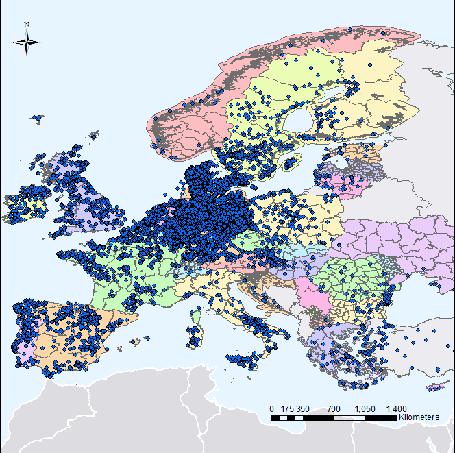 mappe, puntini blu sull'Europa