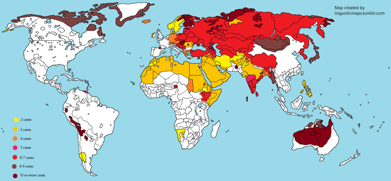 mappe, mondo coloroato in base all'uso dei casi nella lingua