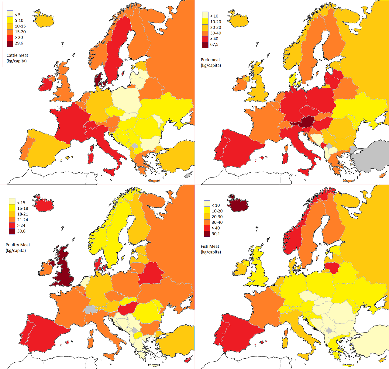 consumo carne, mappe d'Europa