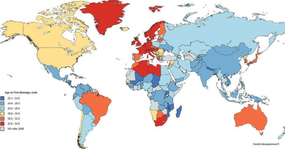 età del matrimonio, mappa mondiale