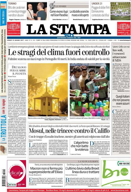 Prima pagina 19 giugno, quotidiani e sportivi