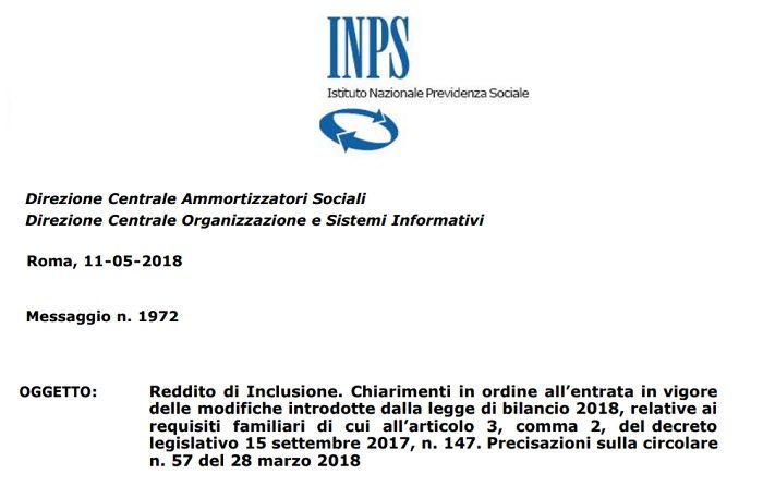 Reddito di Inclusione 2018: messaggio Inps