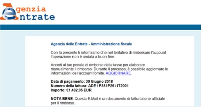 Truffa Agenzia delle Entrate: rimborsi fiscali via email