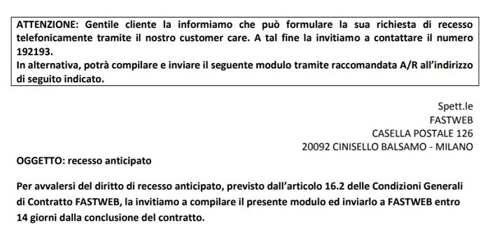 Modello disdetta Fastweb pdf