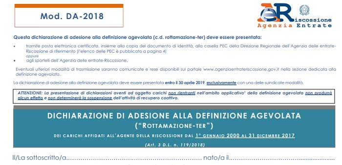 Rottamazione ter 2019 modulo domanda