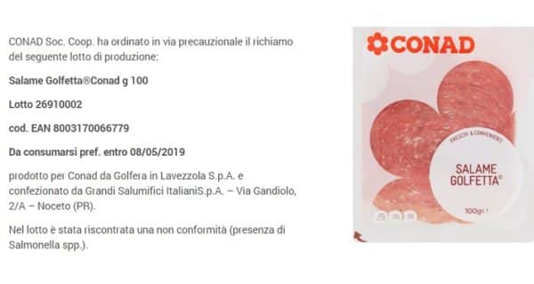 Salame Golfetta Conad ritirato per rischio Salmonella: cosa si rischia