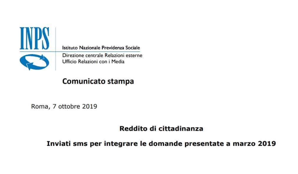 Reddito di cittadinanza inviati sms