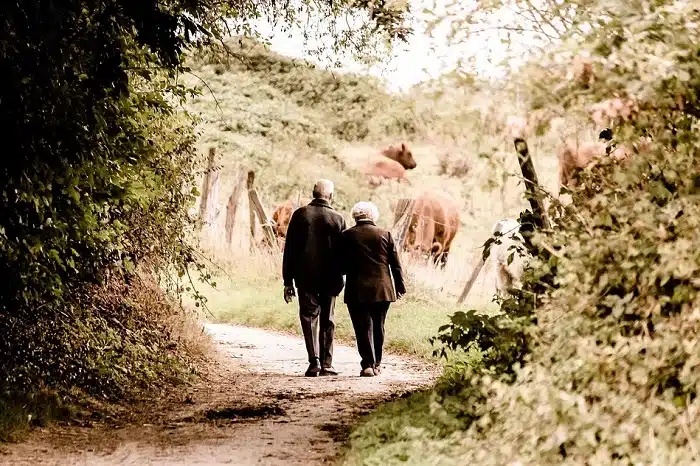 Anziani camminano mano nella mano