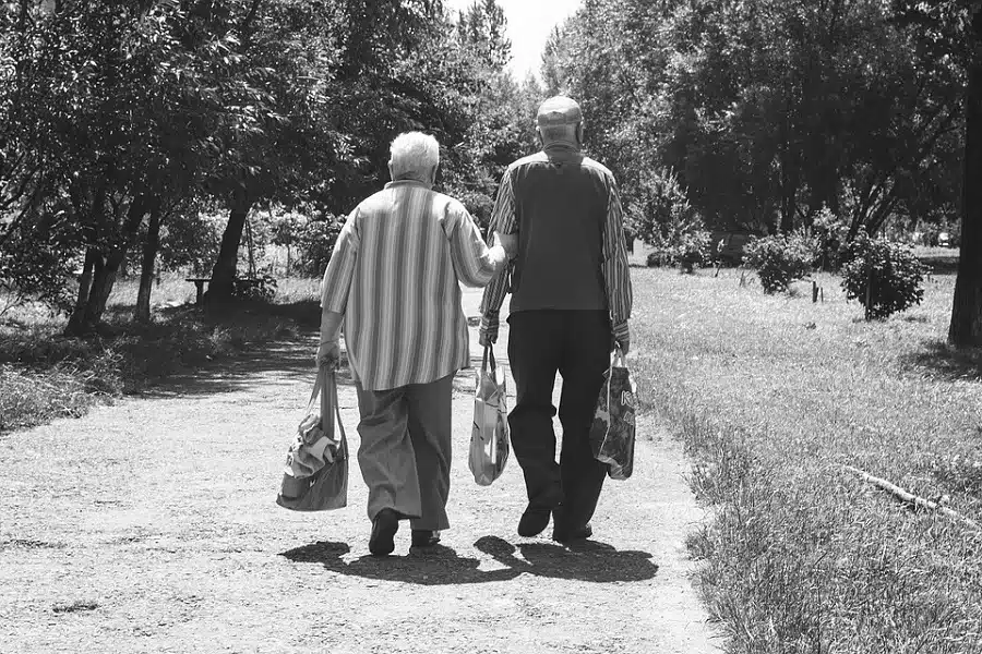 Due anziani di spalle mentre passeggiano lungo un viale