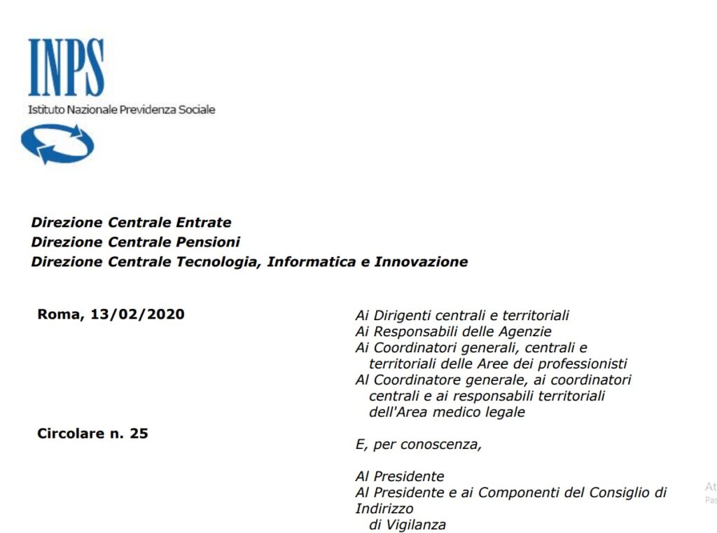 Parte alta del frontespizio della circolare n. 25/2020