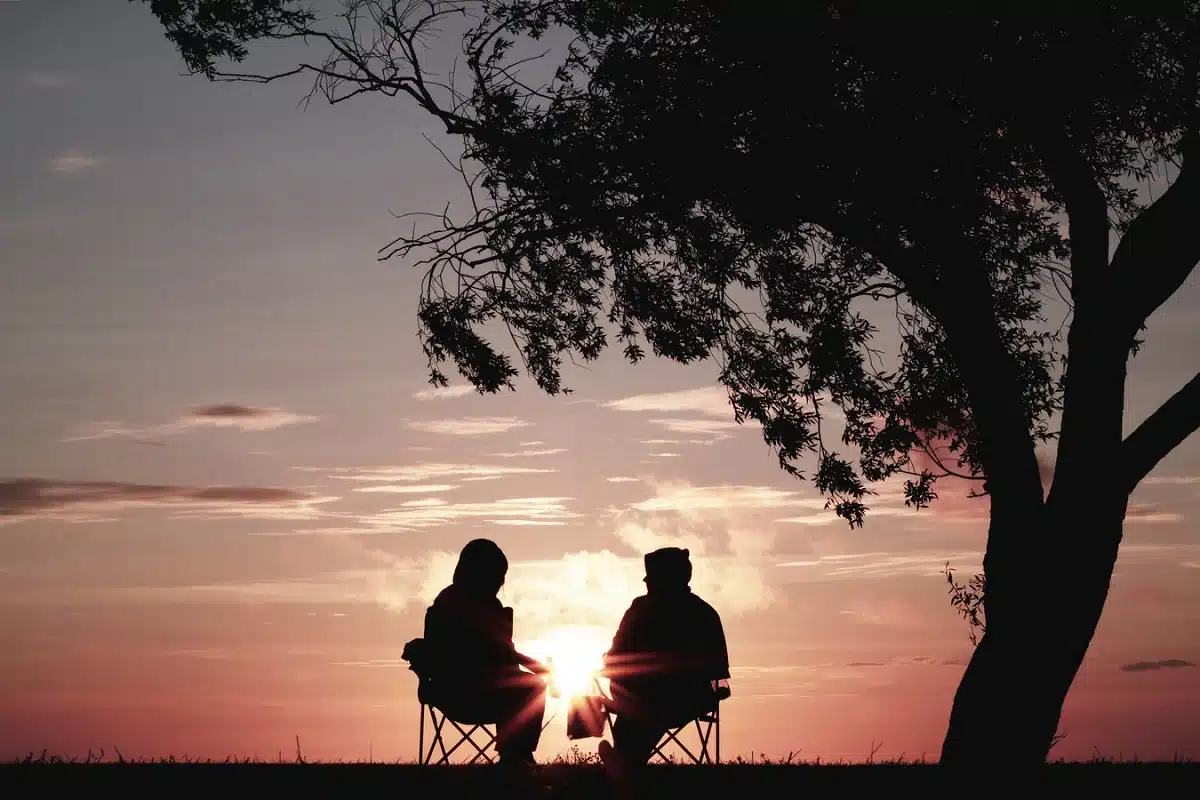 Due persone di spalle sotto un albero con di fronte il tramonto