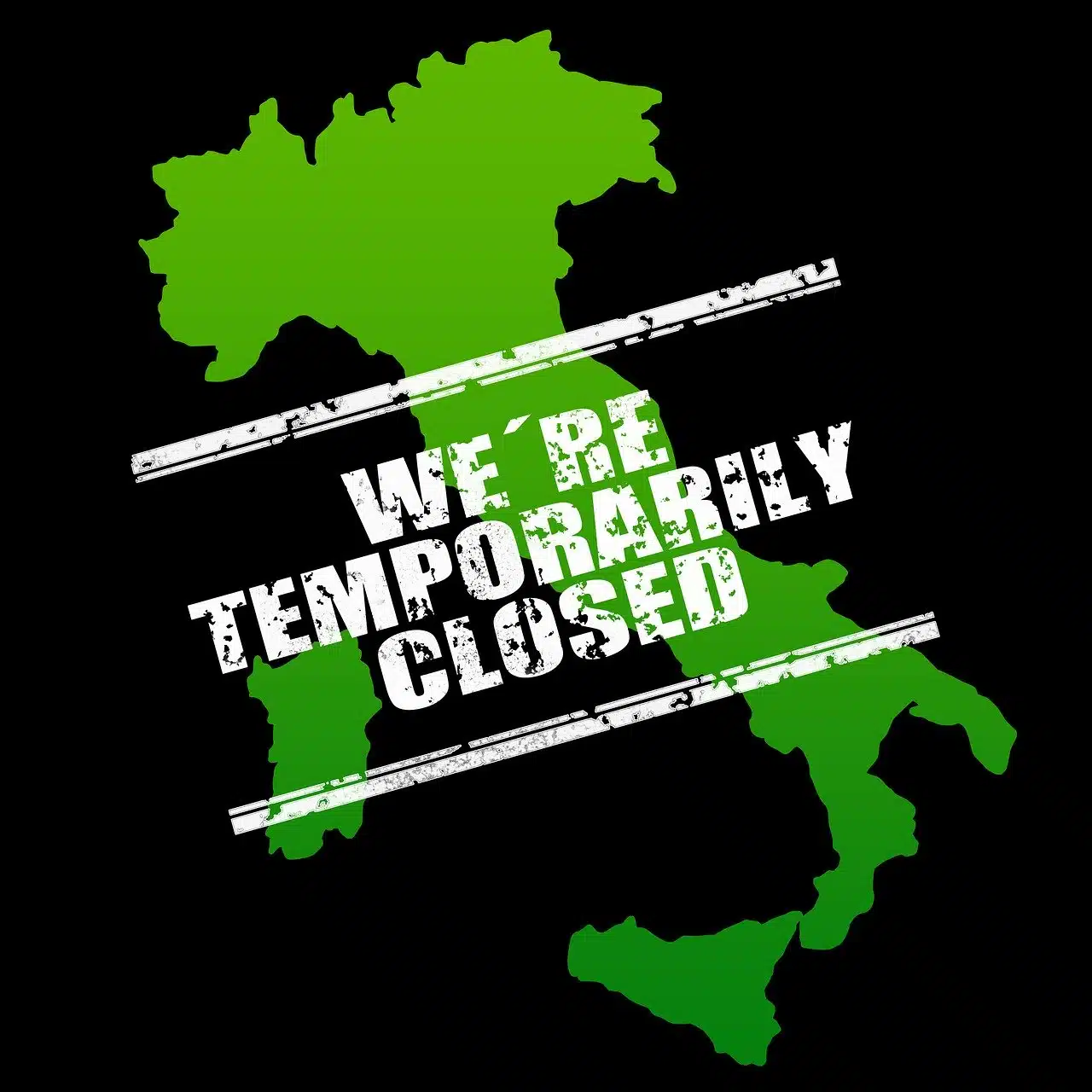 Italia colorata di verde (emergenza sanitaria) con scritta "siamo temporaneamente chiusi"r