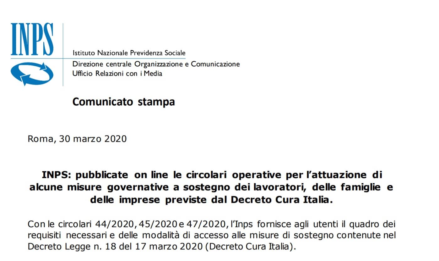 Decreto Cura Italia 2020 circolari attuative Inps