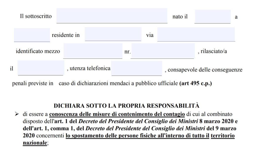 Nuova autocertificazione Coronavirus digitale non valida