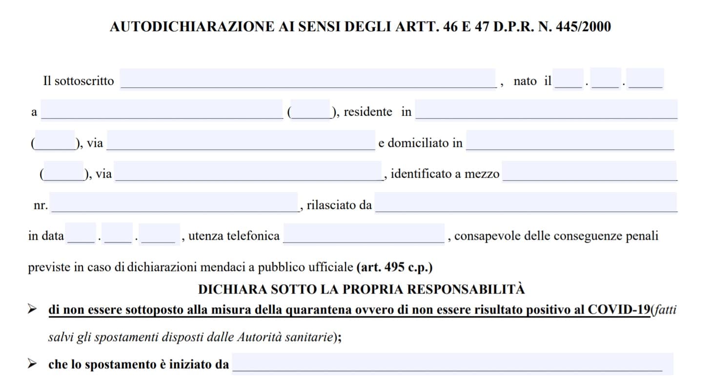 Nuovo modello autocertificazione per Coronavirus