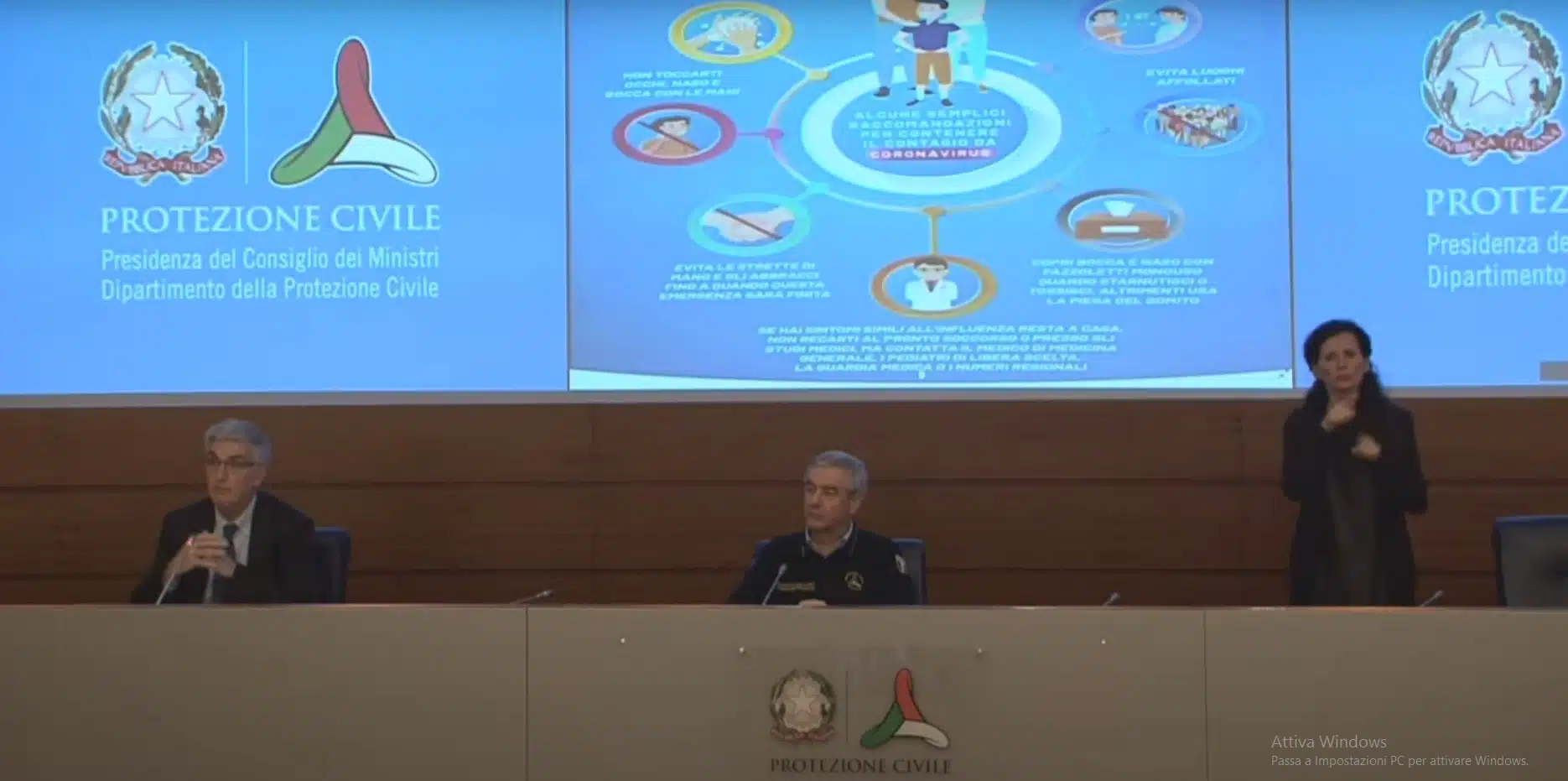 Conferenza stampa della Protezione Civile con Angelo Borrelli, Silvio Brusaferro e interprete lis