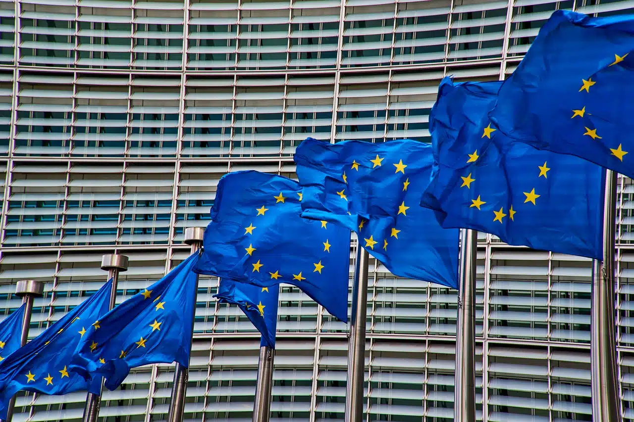 bandiere europee in fila davanti il grattacielo grigio della Commissione europea a Bruxells