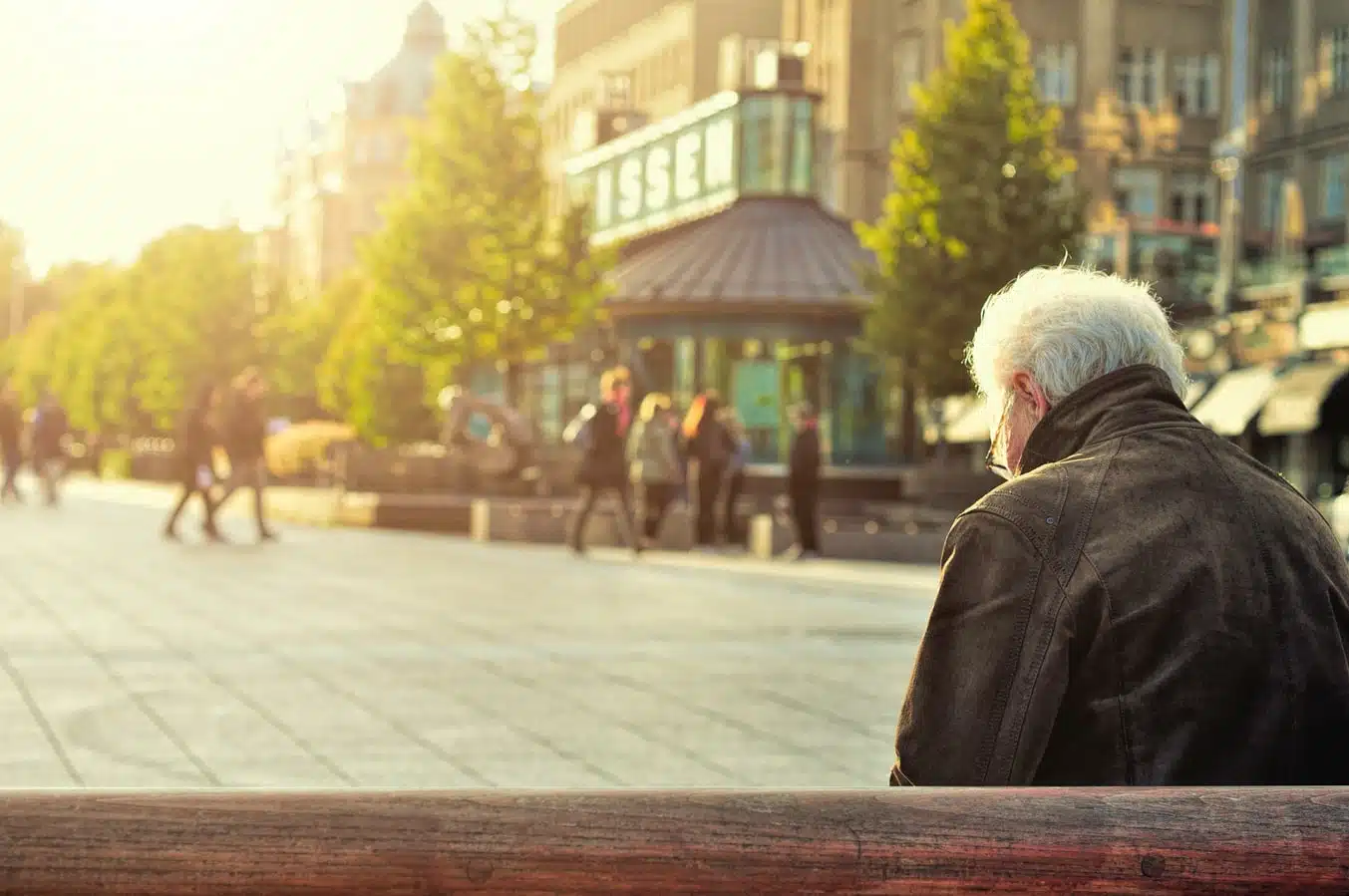 Uomo anziano fotografato di spalle su una panchina