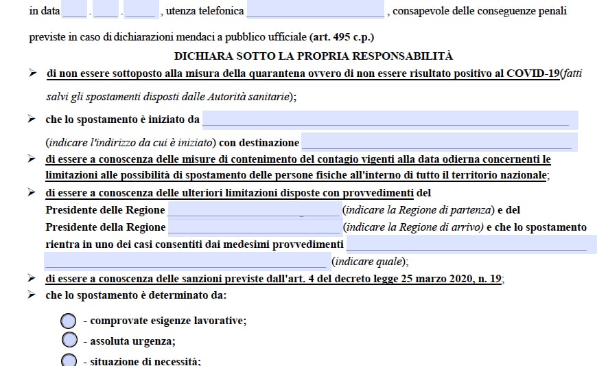 Autocertificazione coronavirus