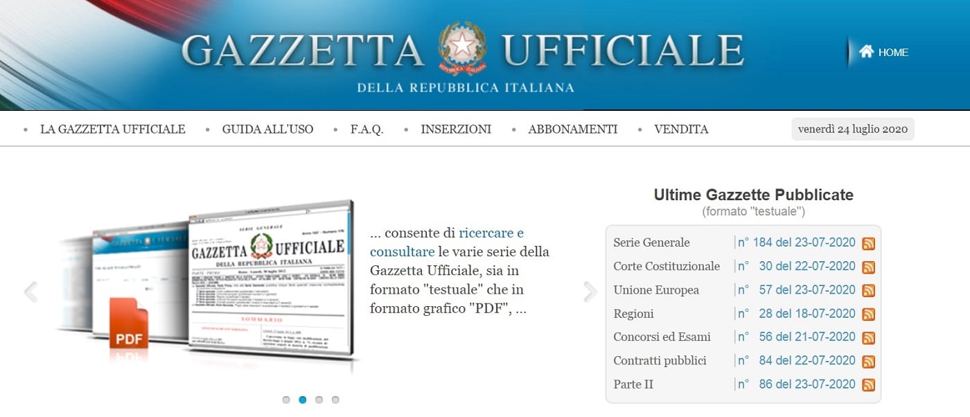 Home page del sito www.gazzettaufficiale.it