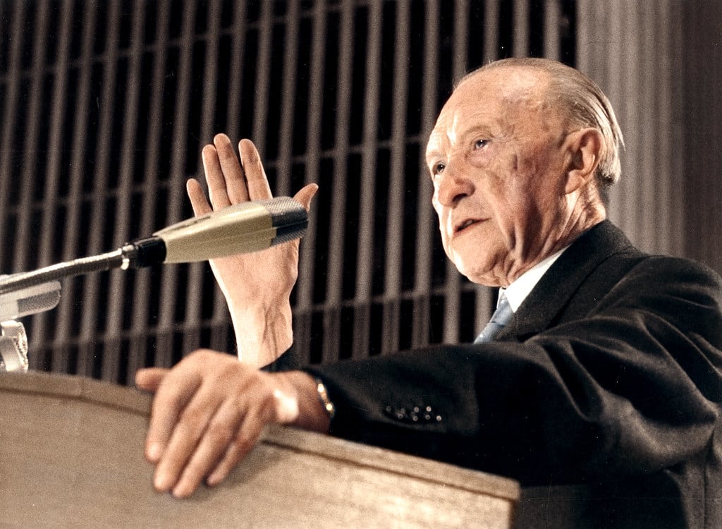 Konrad Adenauer delivering a speech at the March 1966 CDU party rally, one year before his death - Photo by Jared Enos via Flickr